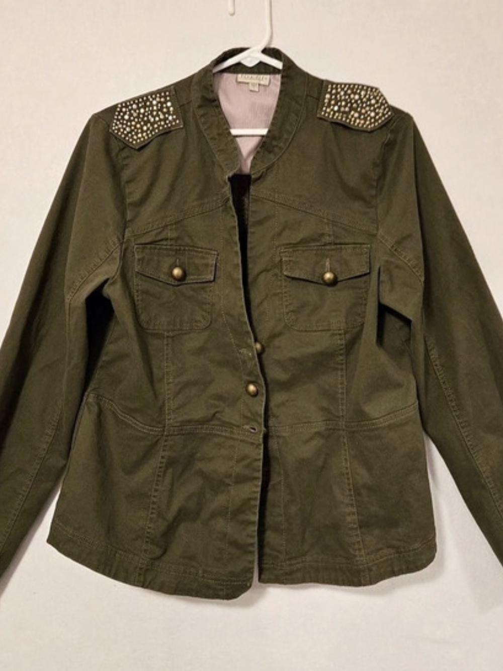 Live.Life by Sanctuary Studded Shoulder Utility Jacket Size Large, Olive Green
